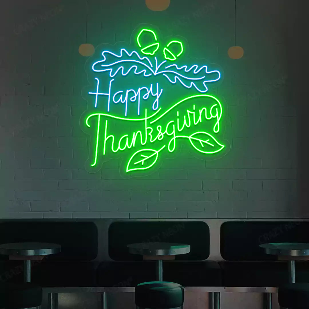 Oak leaf happy thanksgiving neon sign in ice blue and green