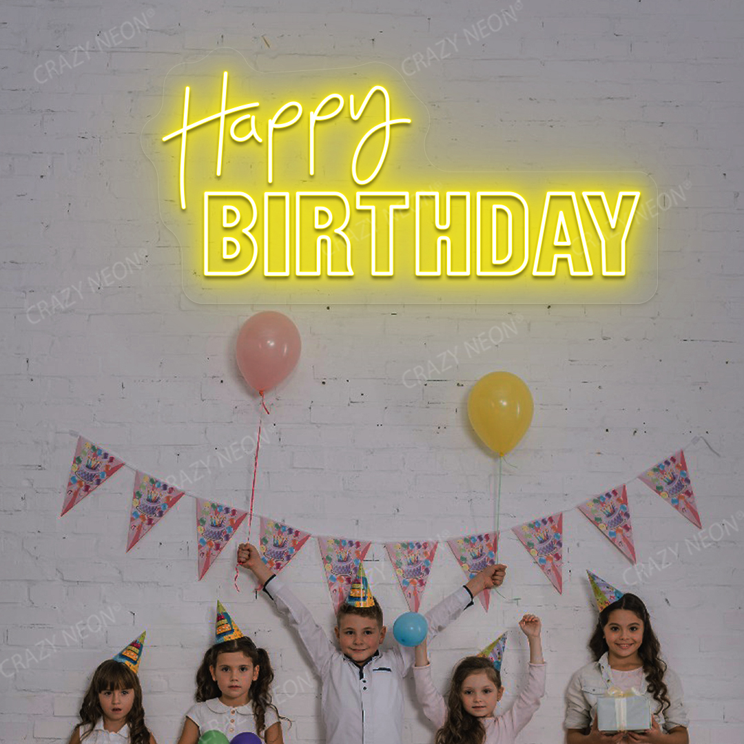 Happy Birthday Neon Light - Celebration Wall Decor | Yellow