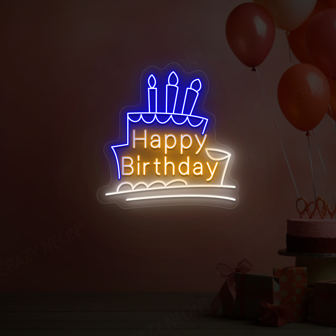 Happy Birthday Inside Cake Neon Sign - LED Decor | Orange