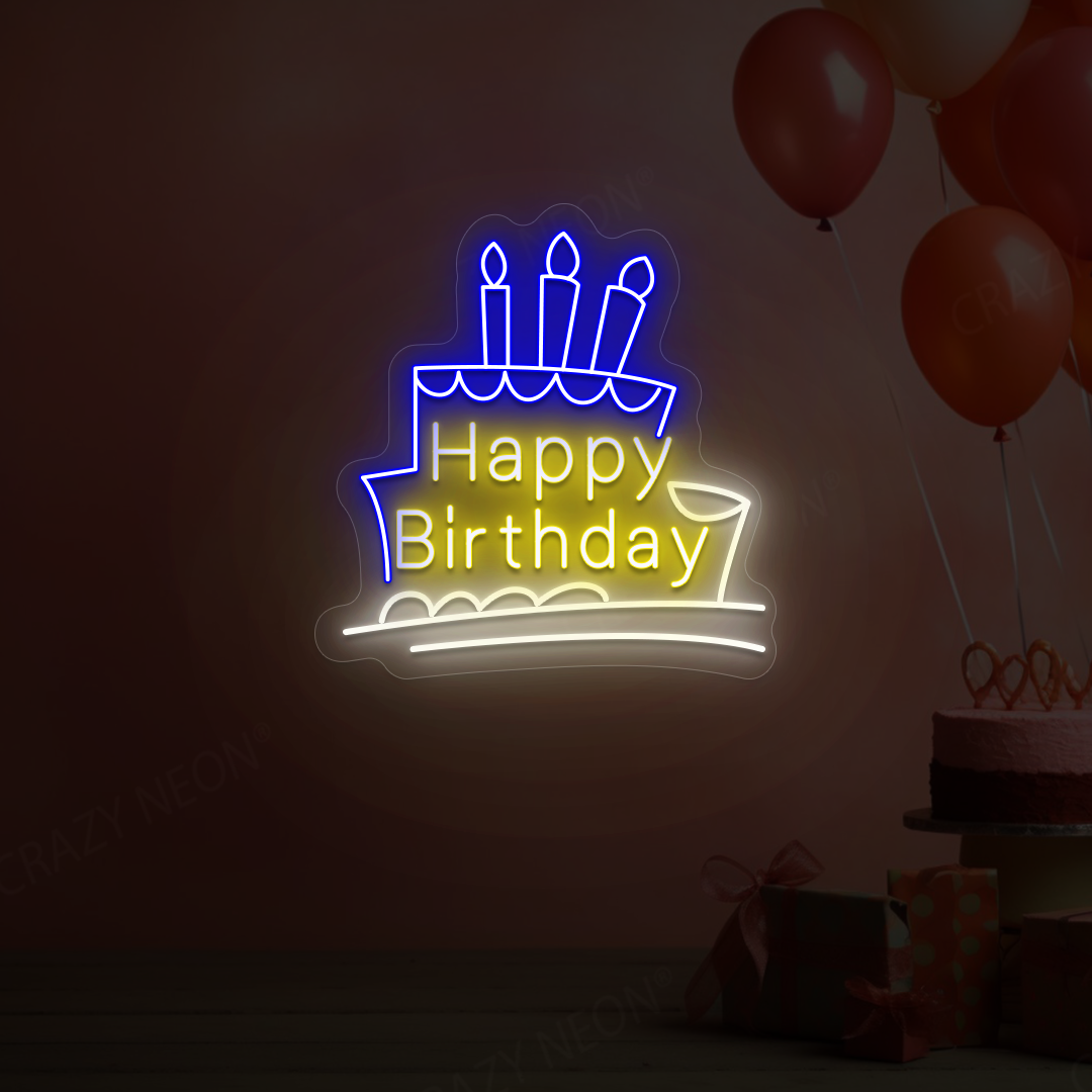 Happy Birthday Inside Cake Neon Sign - LED Decor | Yellow