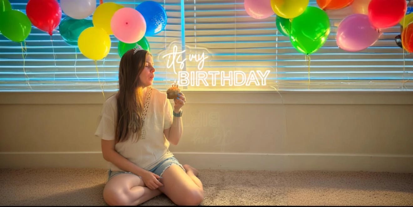 Birthday girl with cupcake and colorful balloons, it's my birthday neon sign