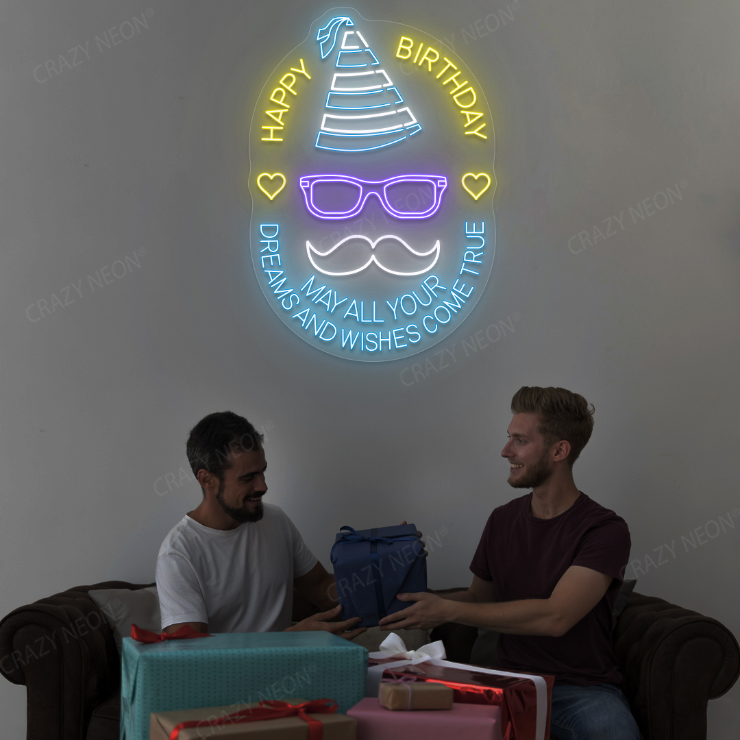 Happy Birthday Neon Sign - All Dreams Wishes Come True | Yellow