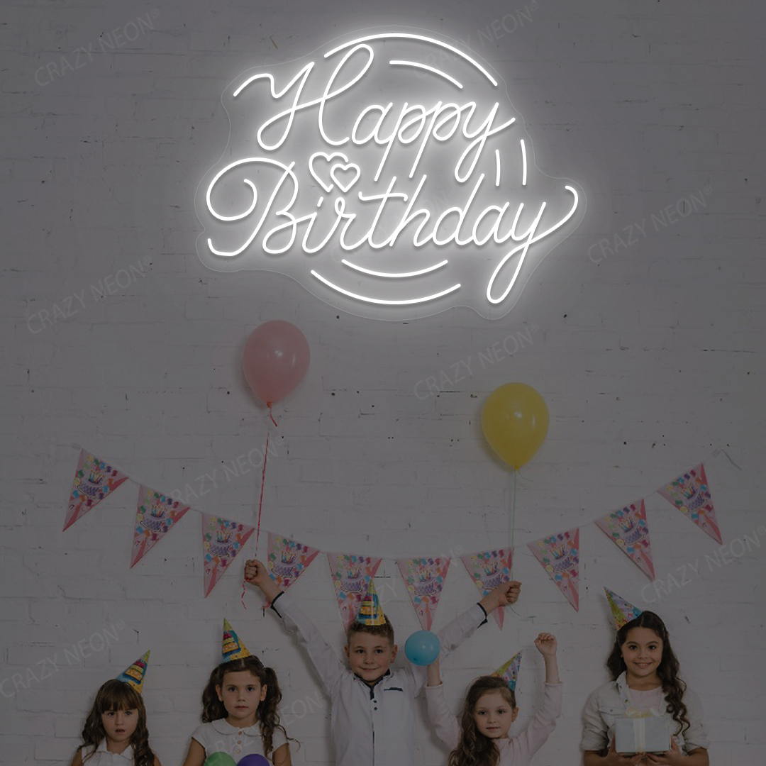 Glowing Happy Birthday Neon Sign - LED Party Backdrop | White