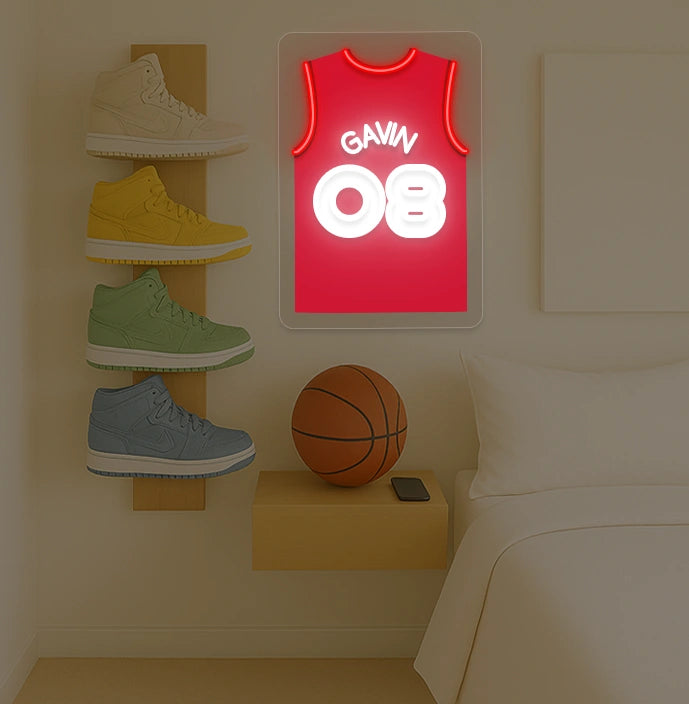 Houston basketball jersey neon sign with GAVIN 08 in red and white, bedroom sneaker rack and basketball decor