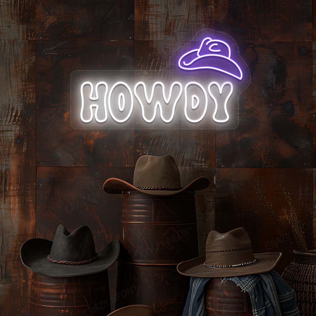 Howdy Cowboy Hat Neon Sign | Purple