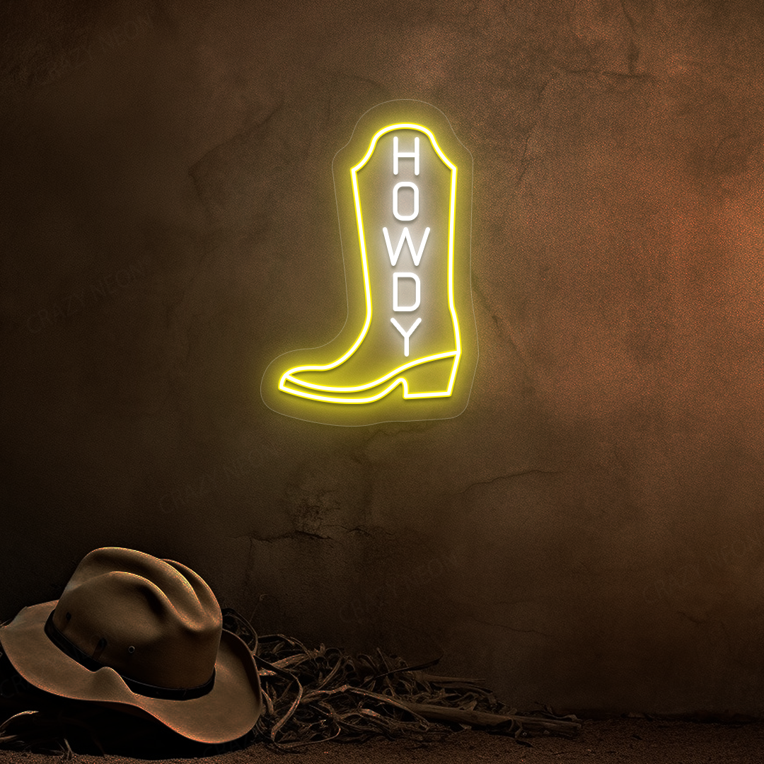 Howdy Cowboy Boot Neon Sign | Yellow