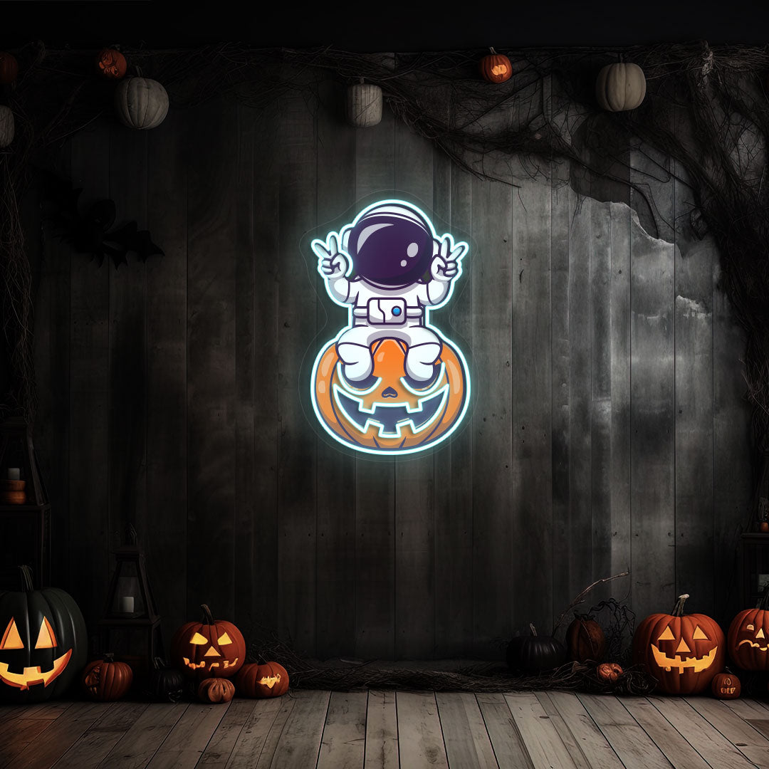 Astronaut On Pumpkin Neon Artwork | Iceblue