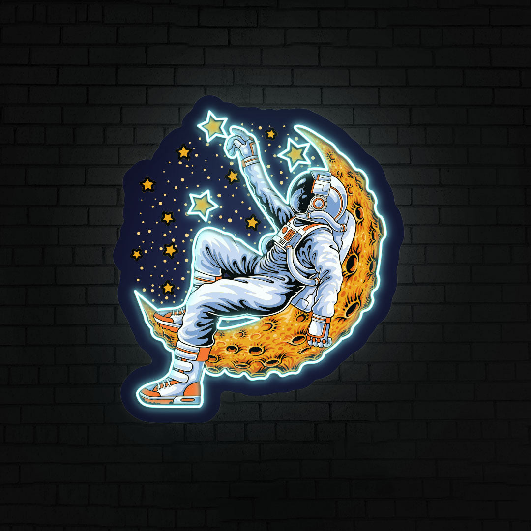 Astronaut On Moon Neon Artwork | Ice Blue