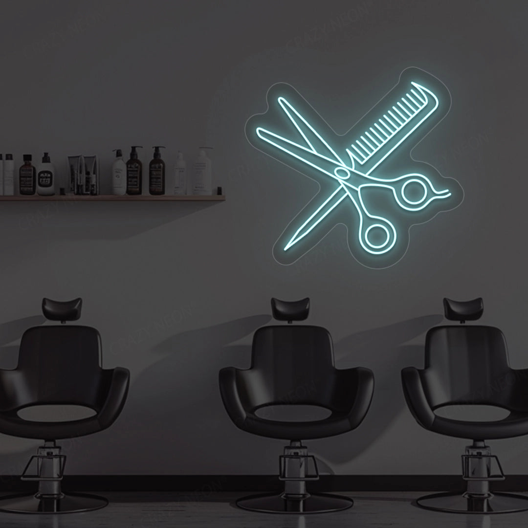 Scissors Comb Neon Sign | Ice Blue