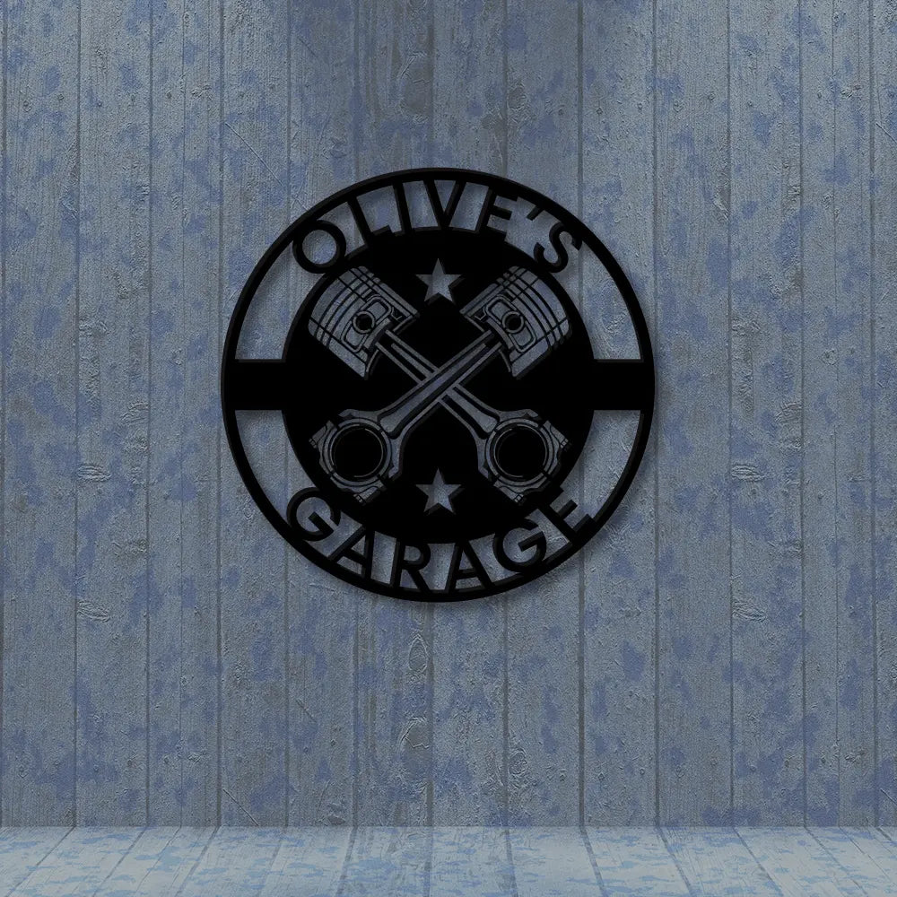 Dad's Garage Metal Name Plates in Black colour mounted on wall
