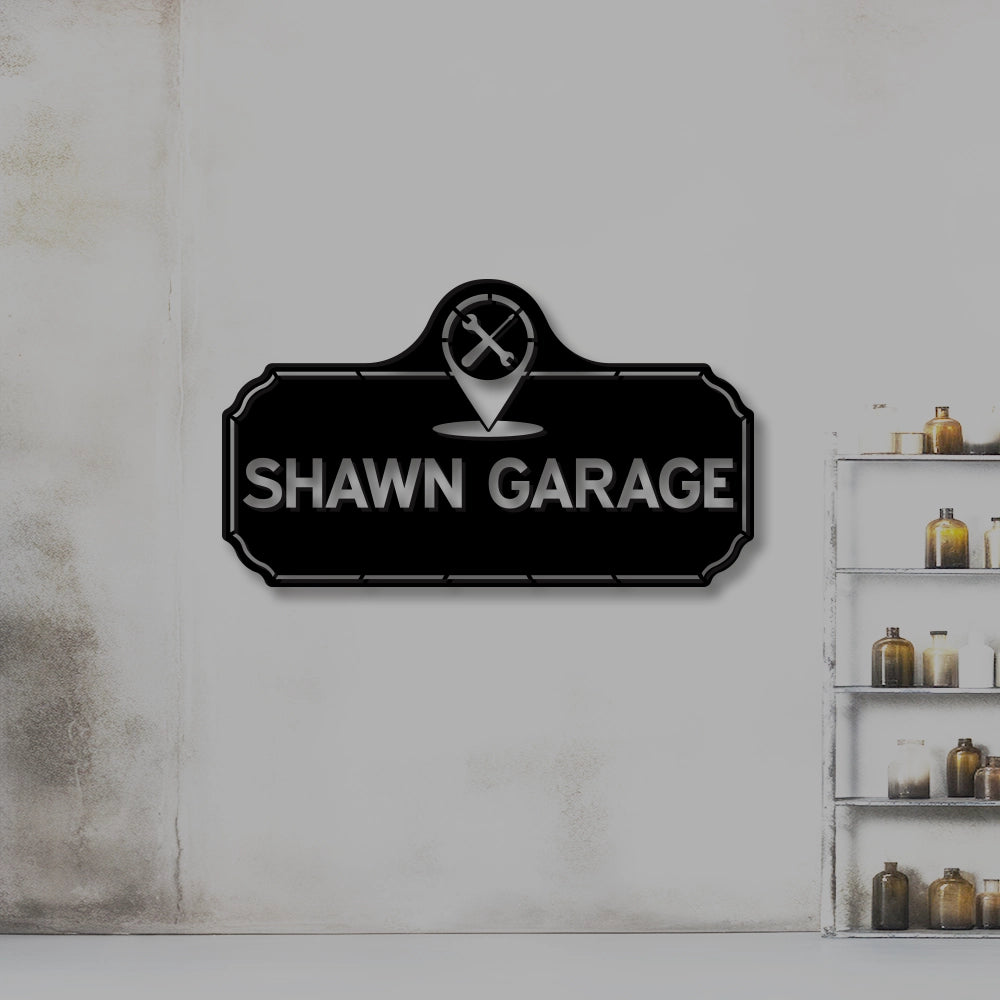 Custom Garage Name Metal Sign in Black Colour mounted on wall