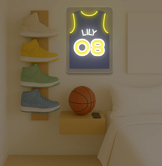 Indiana basketball jersey neon sign with LILY 08 in yellow and navy, bedroom sneaker rack and basketball decor