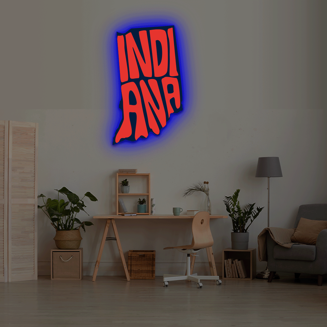 Indiana map backlit metal wall art vinyl print with RGB color changing LED backlight