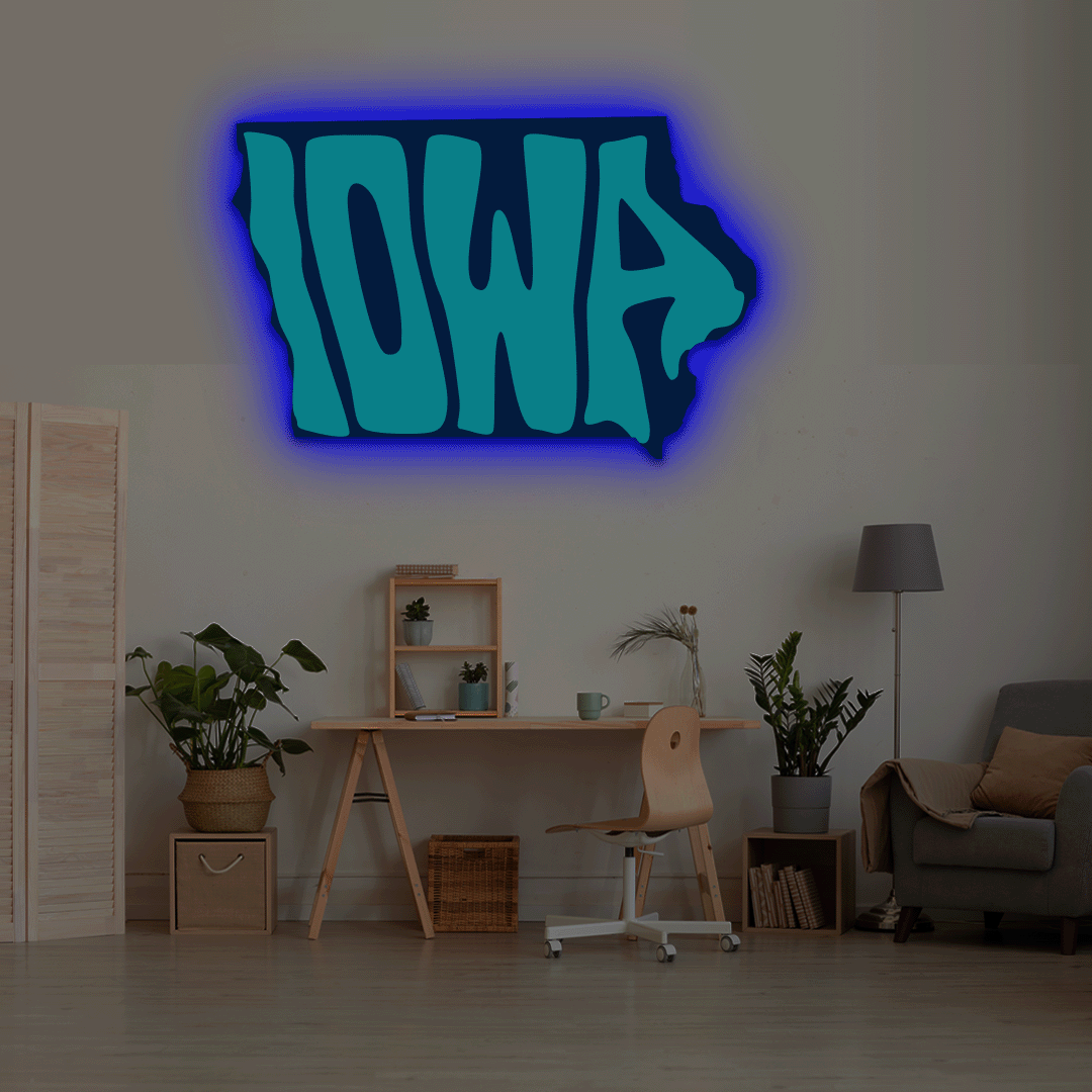 Iowa map backlit metal wall art vinyl print with RGB color changing LED backlight