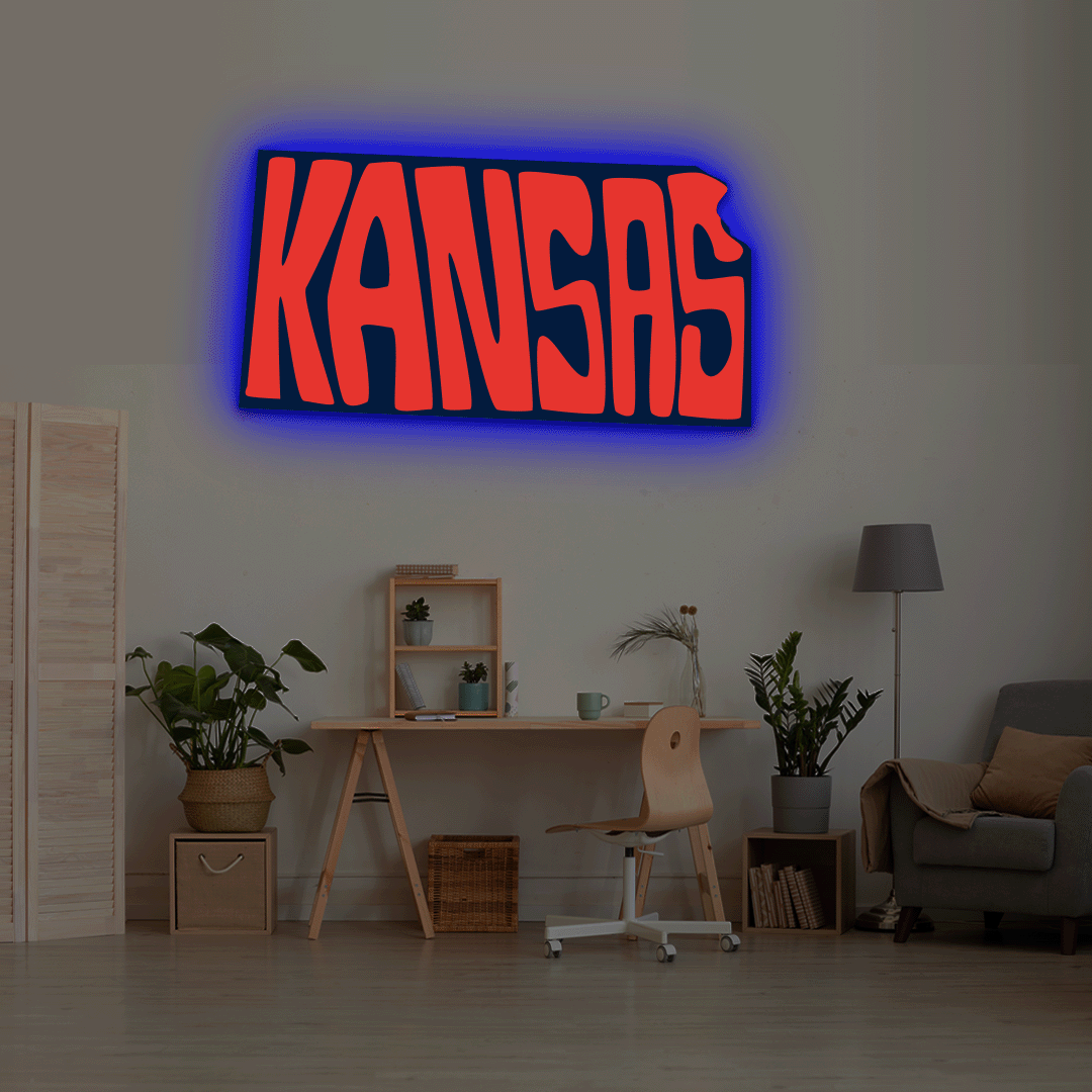 Kansas map backlit metal wall art vinyl print with RGB color changing LED backlight
