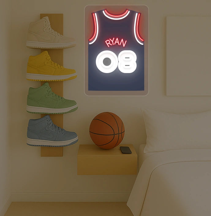 LA Clippers basketball jersey neon sign with RYAN 08 in red and white, bedroom sneaker rack and basketball decor