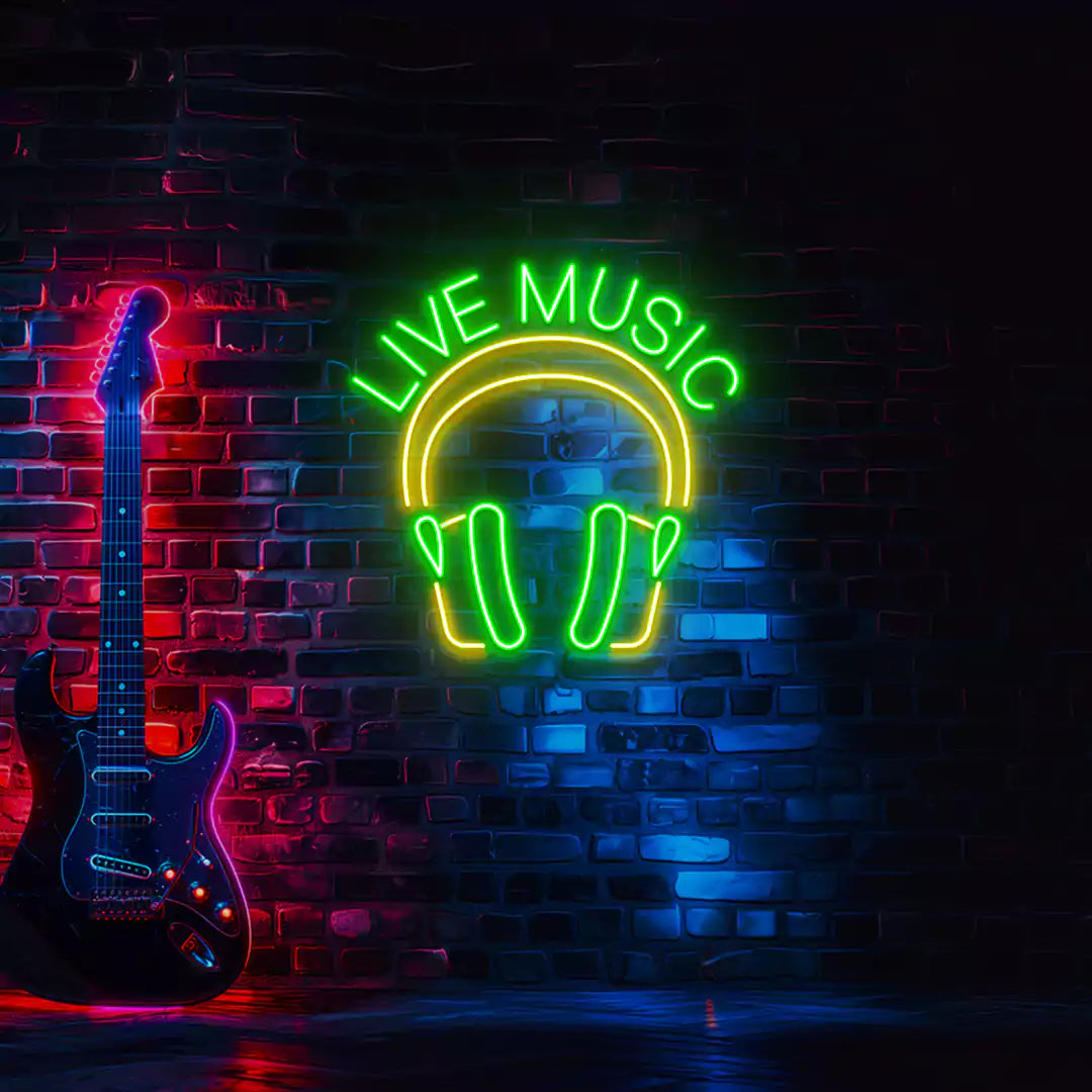Live Music In Headphones Neon Sign in Green and Yellow Colour mounted on wall