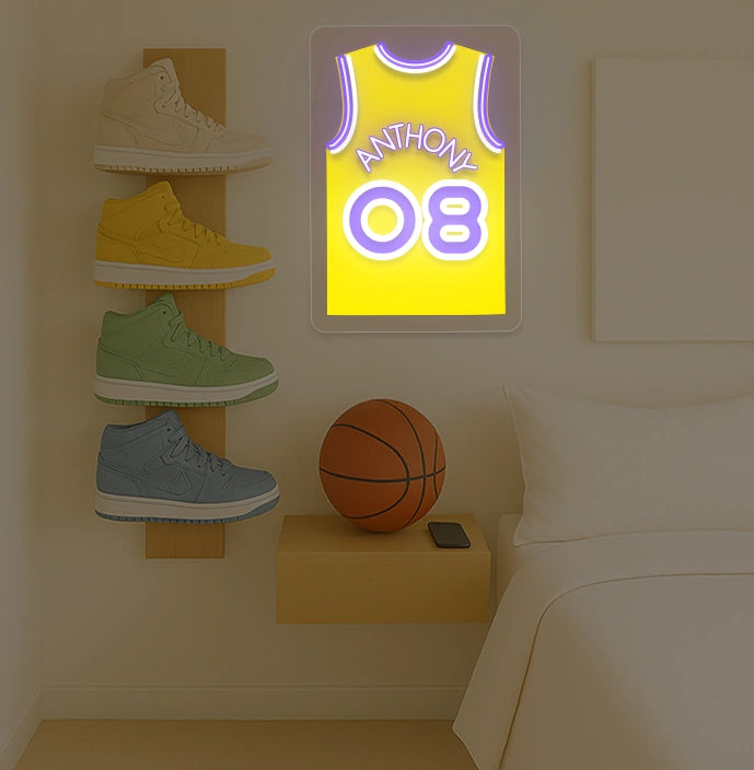 Los Angeles basketball jersey neon sign with ANTHONY 08 in yellow and purple, bedroom sneaker rack and basketball decor