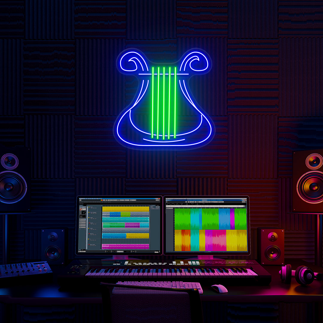 Lyre Neon Sign in Green and Blue colour mounted on wall