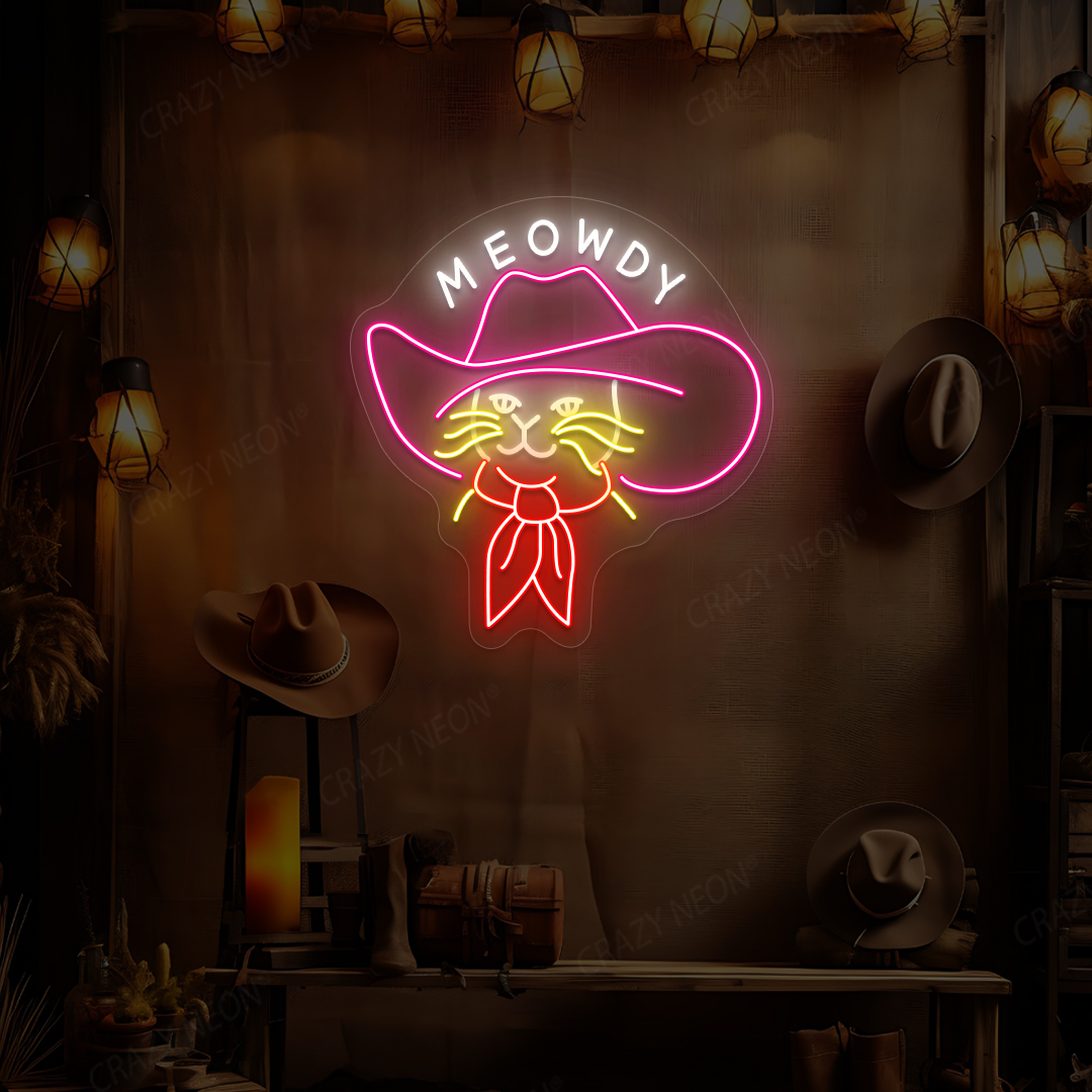 Meowdy Cowboy Cat Neon Sign | Pink