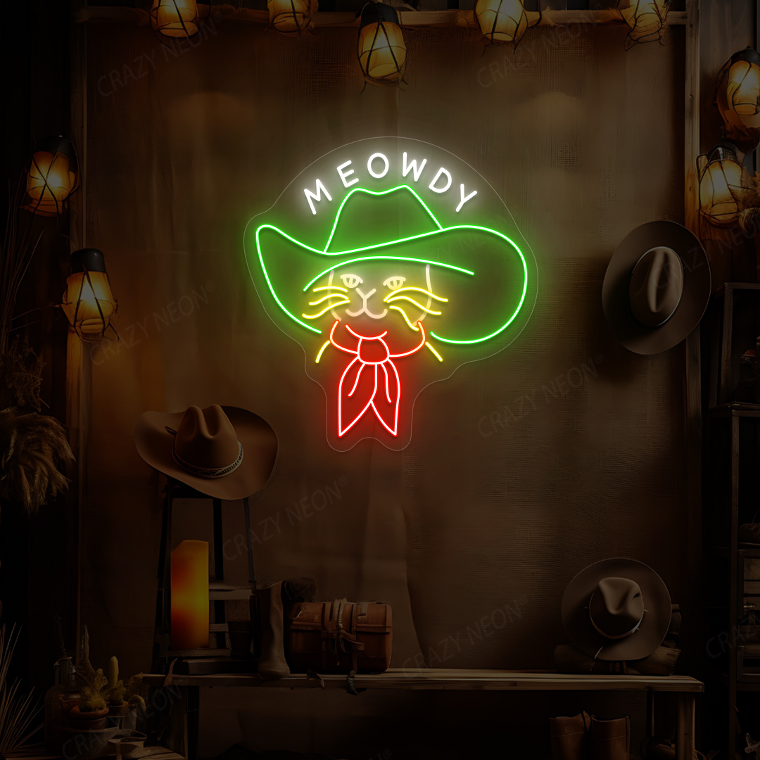 Meowdy Cowboy Cat Neon Sign | Green