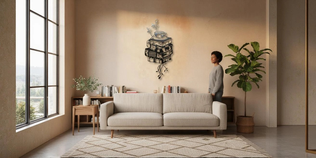 Smiling woman in gray sweater standing beside beige sofa in modern living room with black metal wall art of stacked books and teacup
