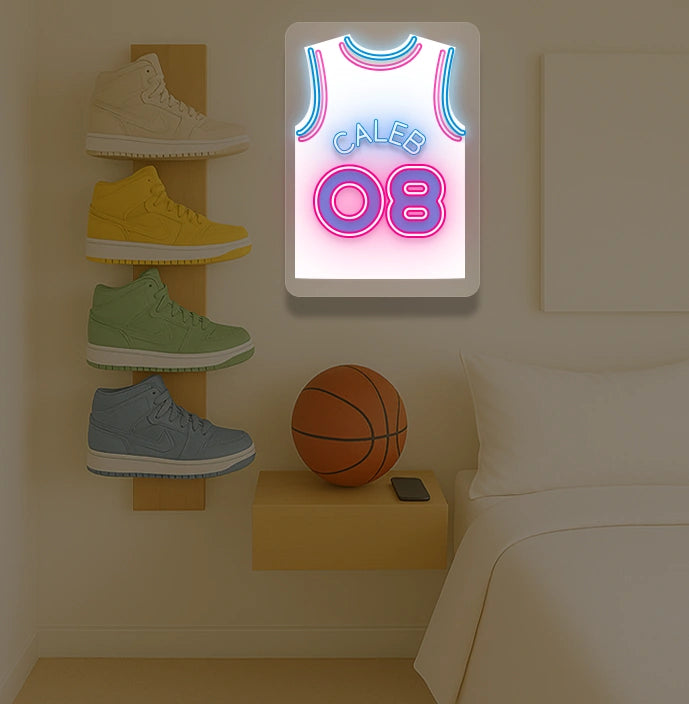 Miami basketball jersey neon sign with CALEB 08 in pink and blue, bedroom sneaker rack and basketball decor