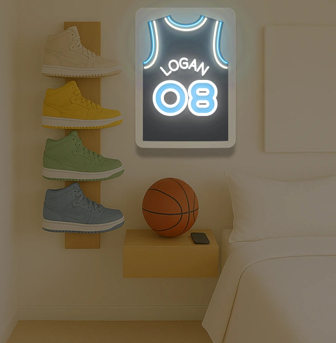 Milwaukee basketball jersey neon sign with LOGAN 08 in blue and white, bedroom sneaker rack and basketball decor