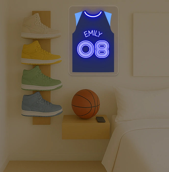 Minnesota basketball jersey neon sign with EMILY 08 in blue and light blue, bedroom sneaker rack and basketball decor