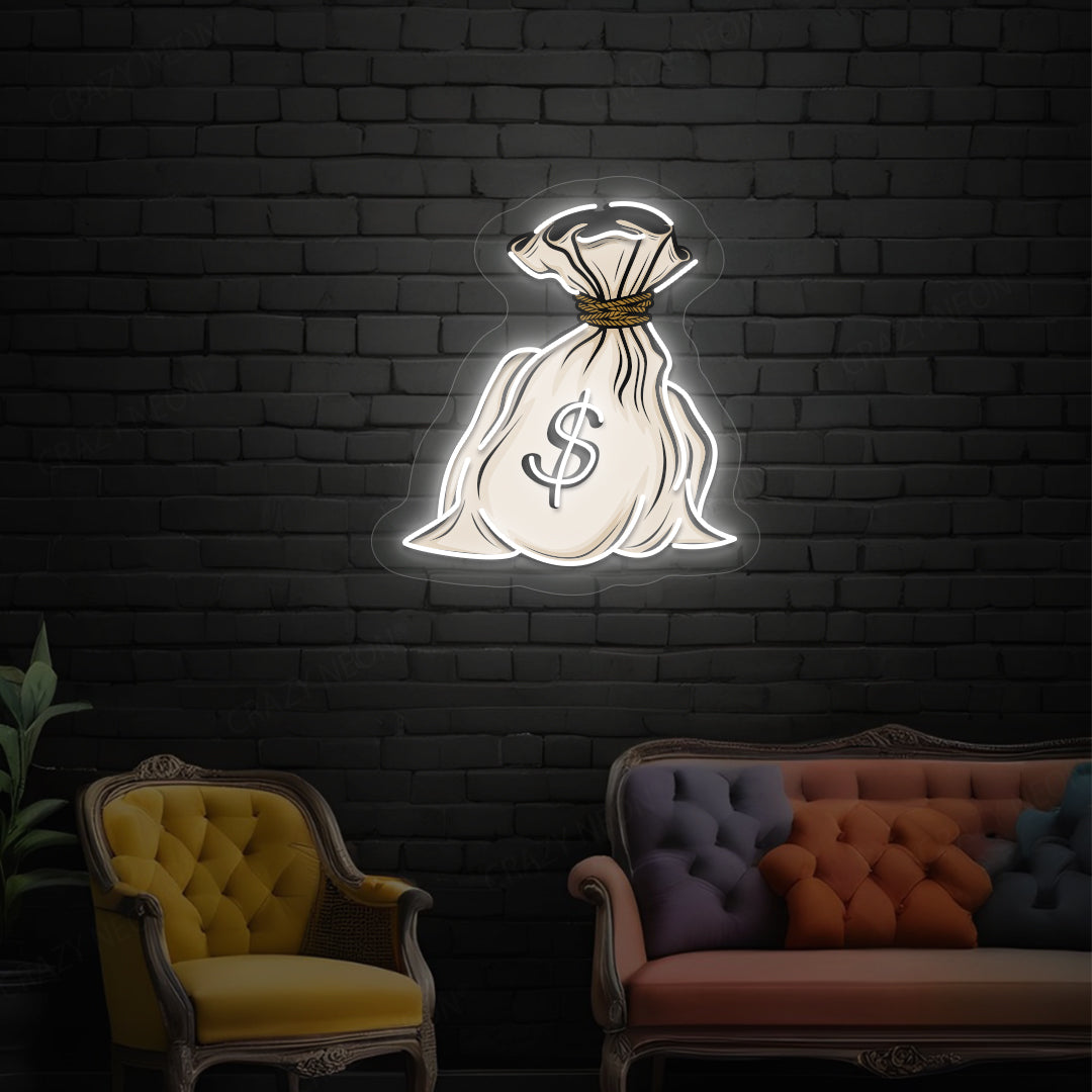 Money Bag Artwork Neon Sign | White