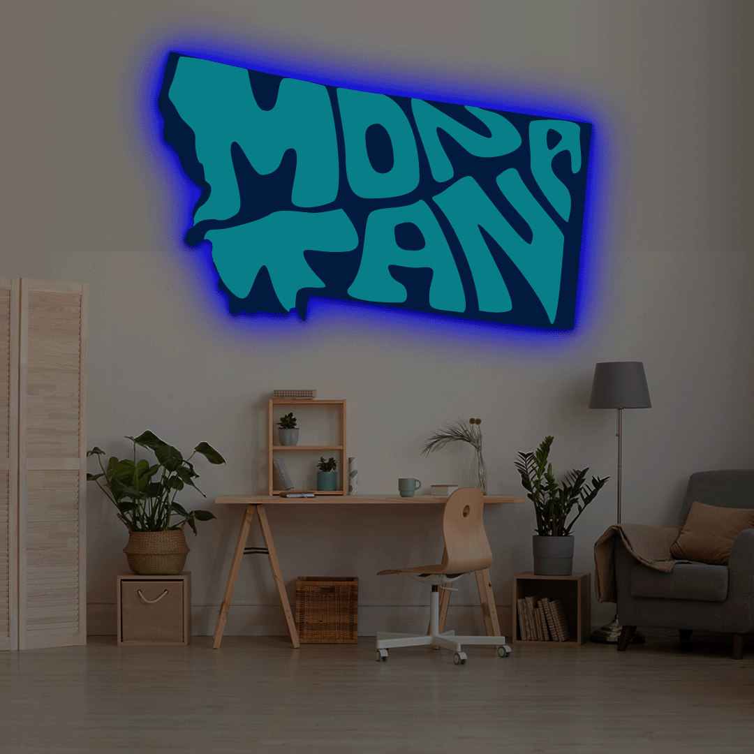 Montana map backlit metal wall art vinyl print with RGB color changing LED backlight