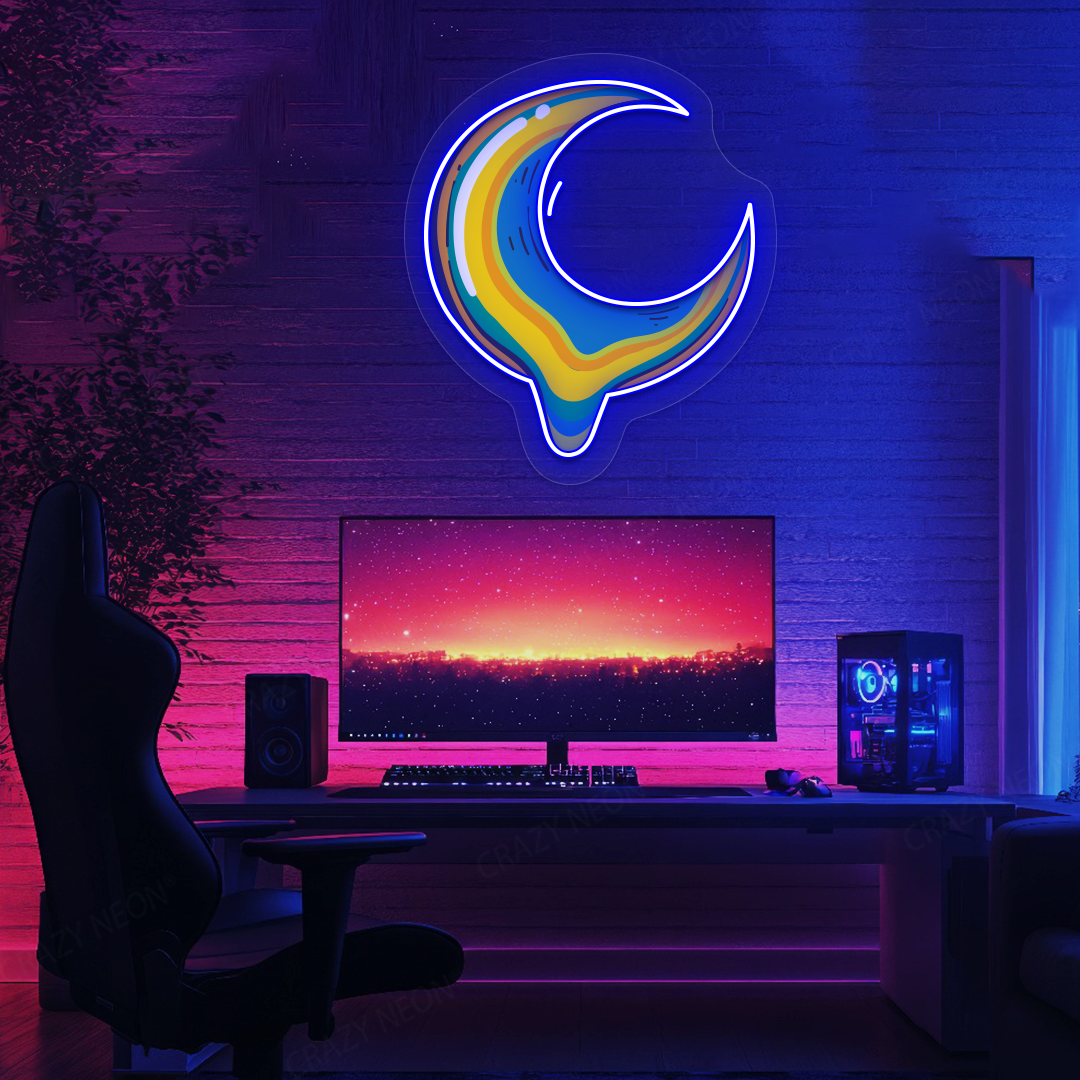 Melting Moon Neon Artwork | Blue