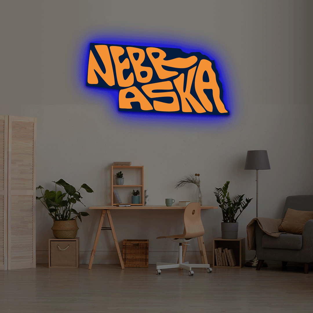 Nebraska map backlit metal wall art vinyl print with RGB color changing LED backlight