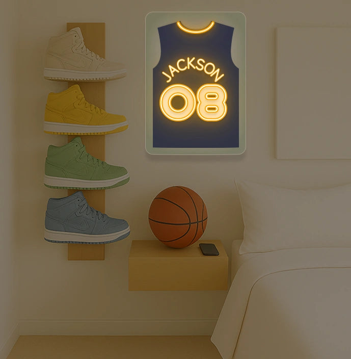 New Orleans basketball jersey neon sign with JACKSON 08 in gold and navy, bedroom sneaker display and basketball decor