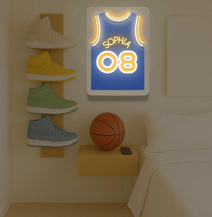 New York basketball jersey neon sign with SOPHIA 08 in blue and yellow, bedroom sneaker rack and basketball decor