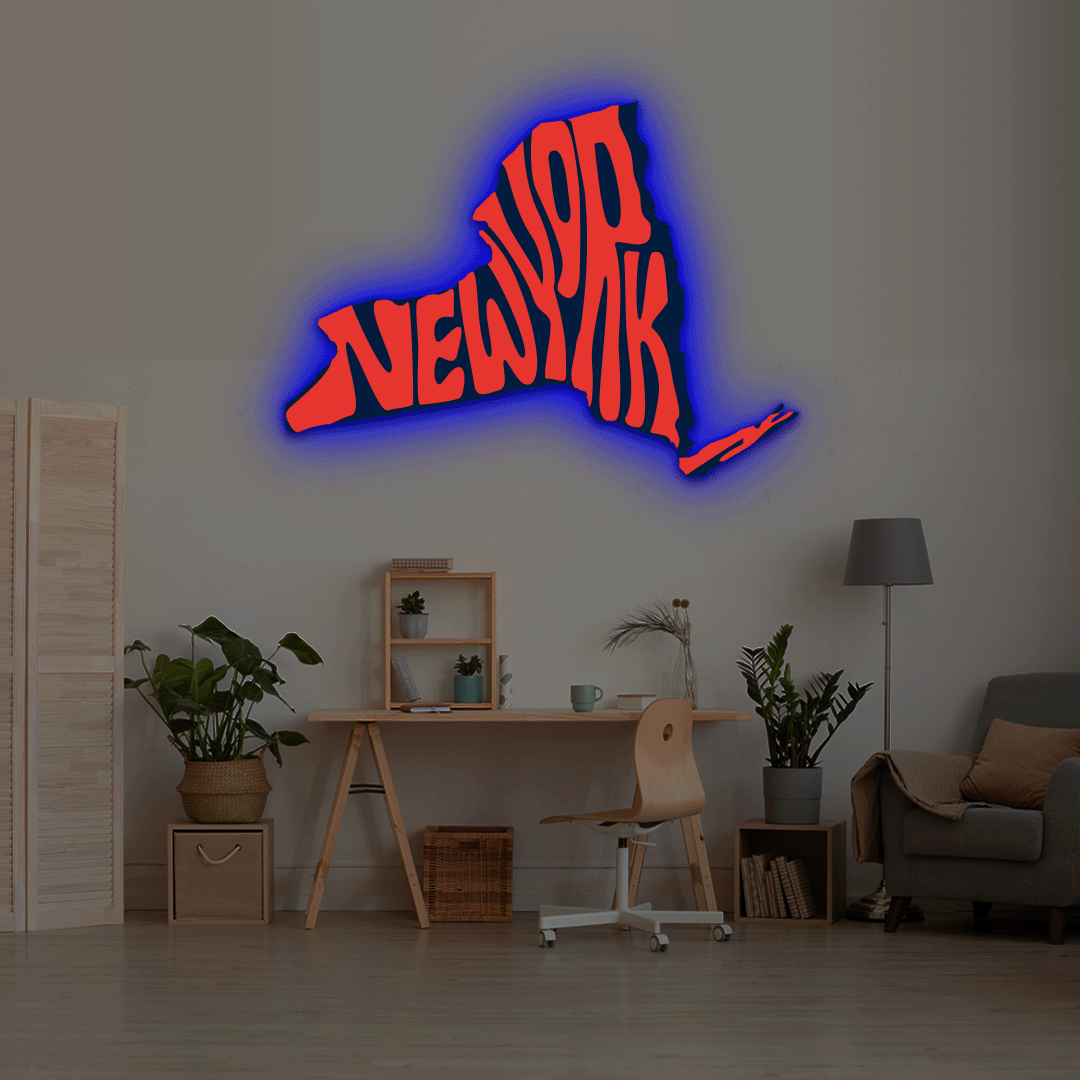 New York map backlit metal wall art vinyl print with RGB color changing LED backlight