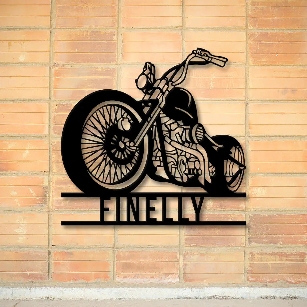 Personalized Motorcycle Metal Sign in Black colour mounted on wall