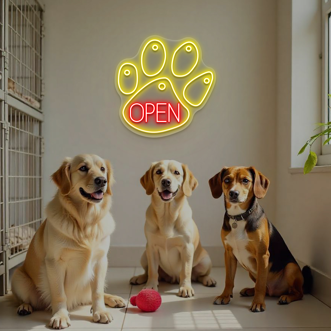 Open Paw Pet Shop Neon Sign | Yellow