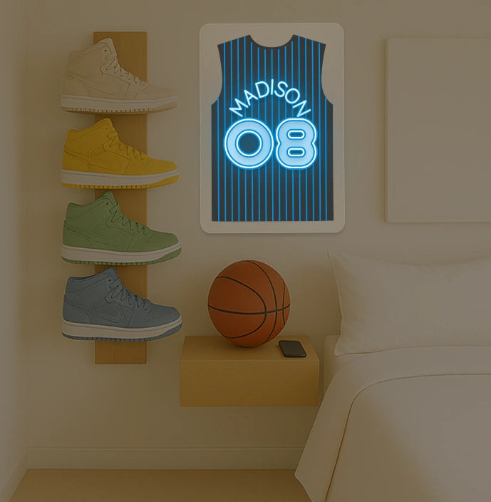 Milwaukee basketball jersey neon sign with LOGAN 08 in blue and white, bedroom sneaker rack and basketball decor