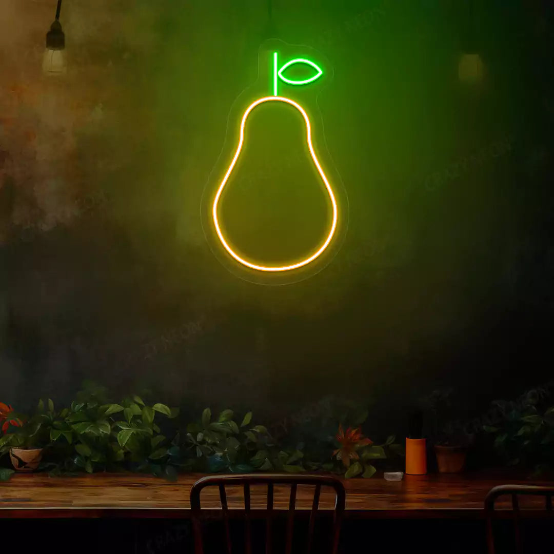Pear neon sign in orange and green