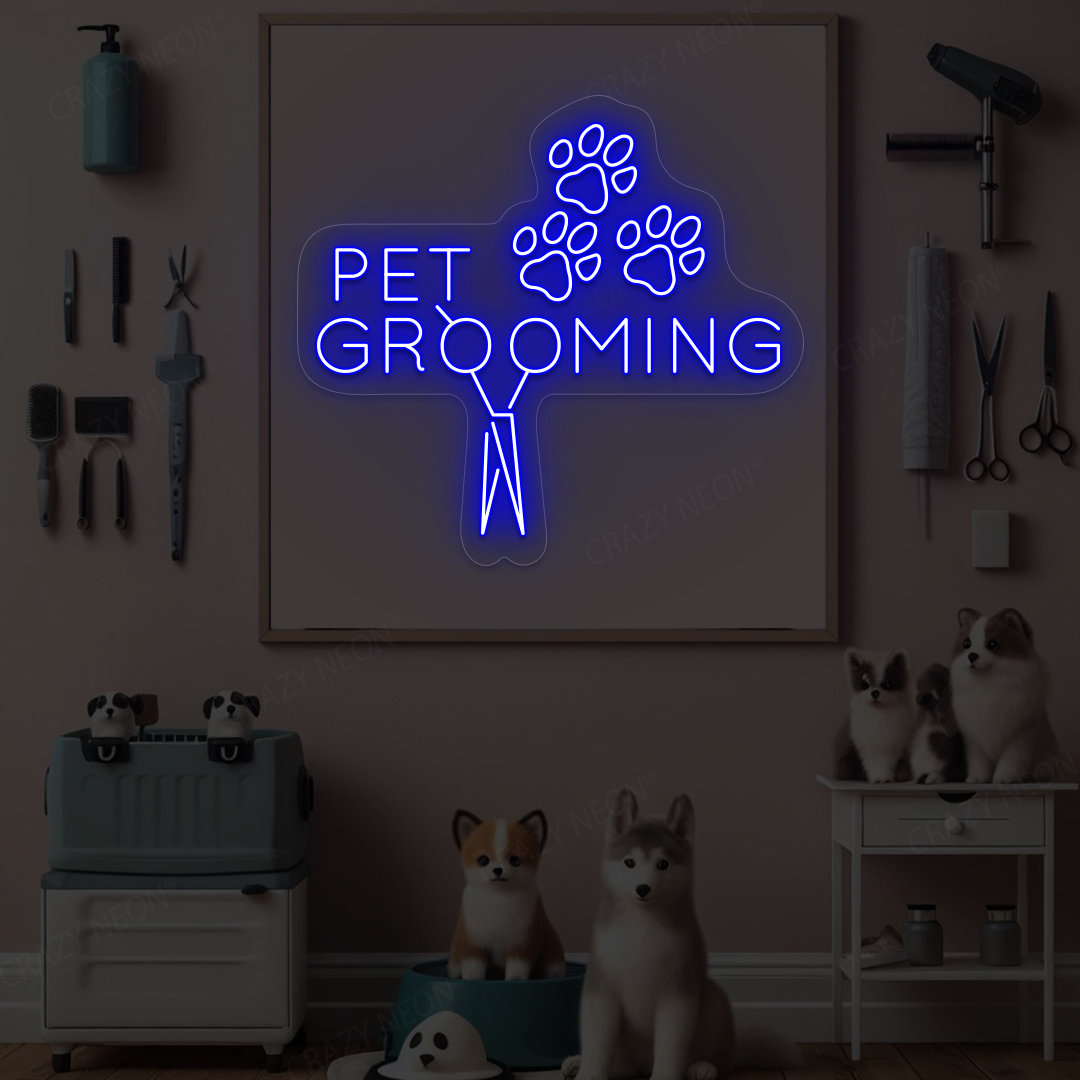 Pawsome Pet Grooming Open Neon Sign | Blue