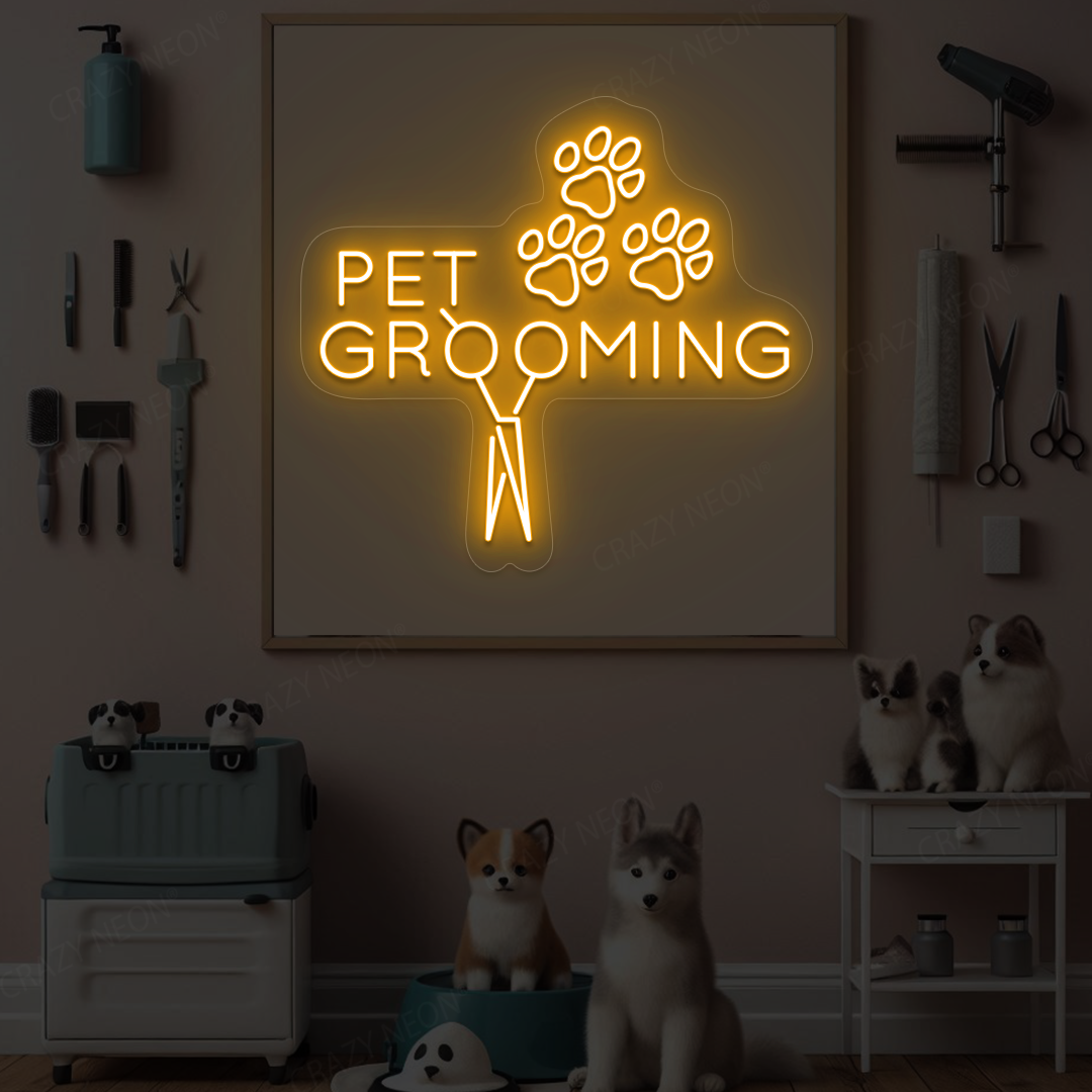 Pawsome Pet Grooming Open Neon Sign | Orange