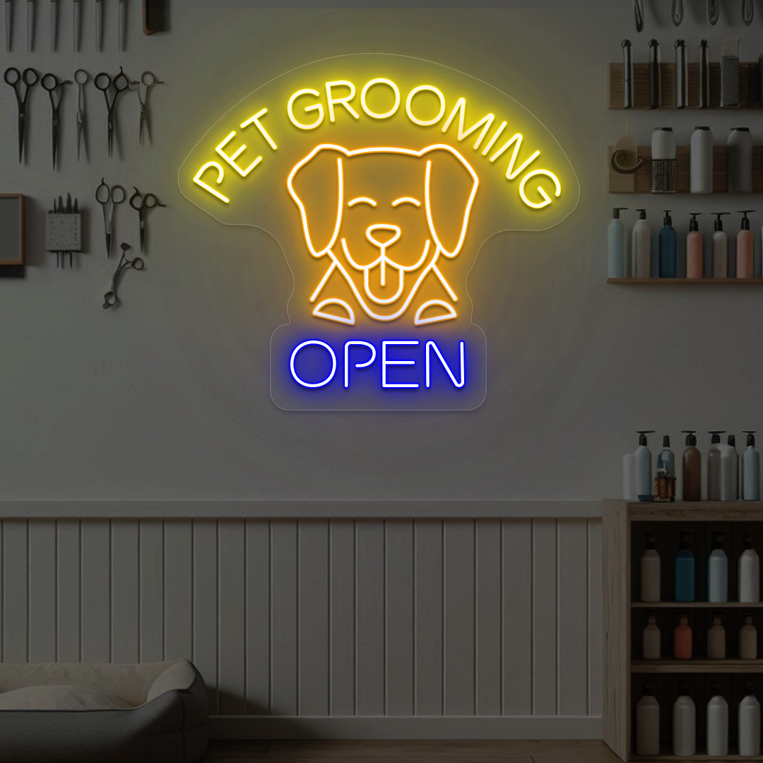 Pet Grooming Open Neon Sign | Orange