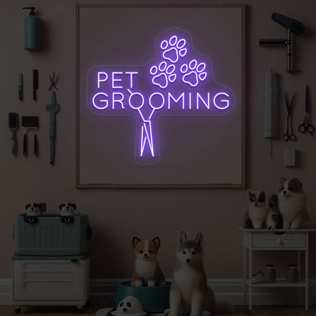 Pawsome Pet Grooming Open Neon Sign | Purple