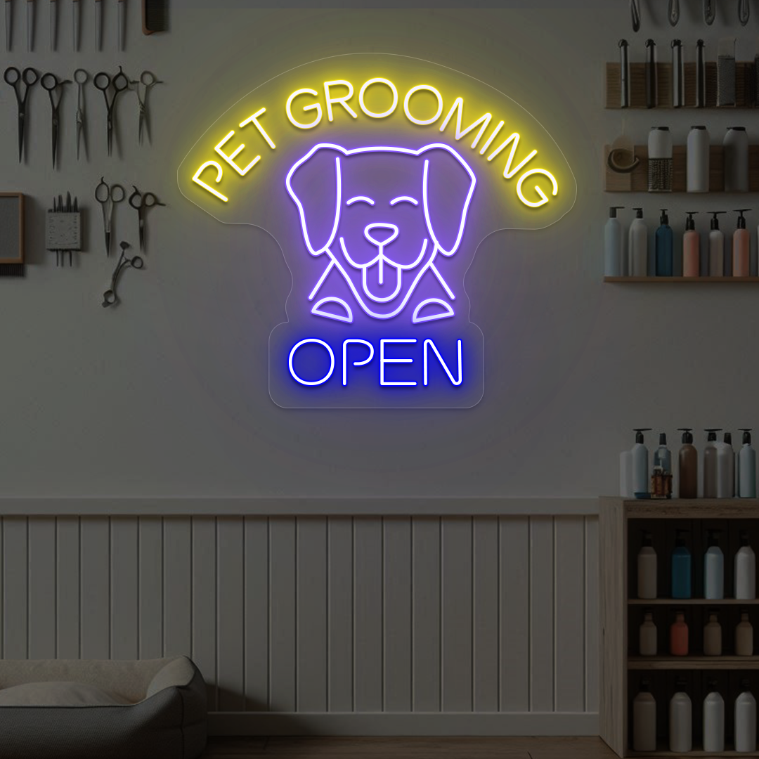 Pet Grooming Open Neon Sign | Purple