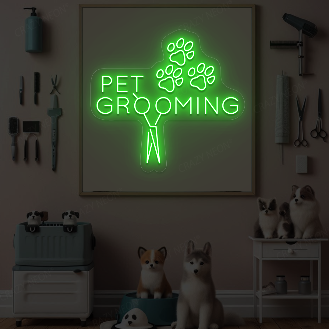 Pawsome Pet Grooming Open Neon Sign | Green
