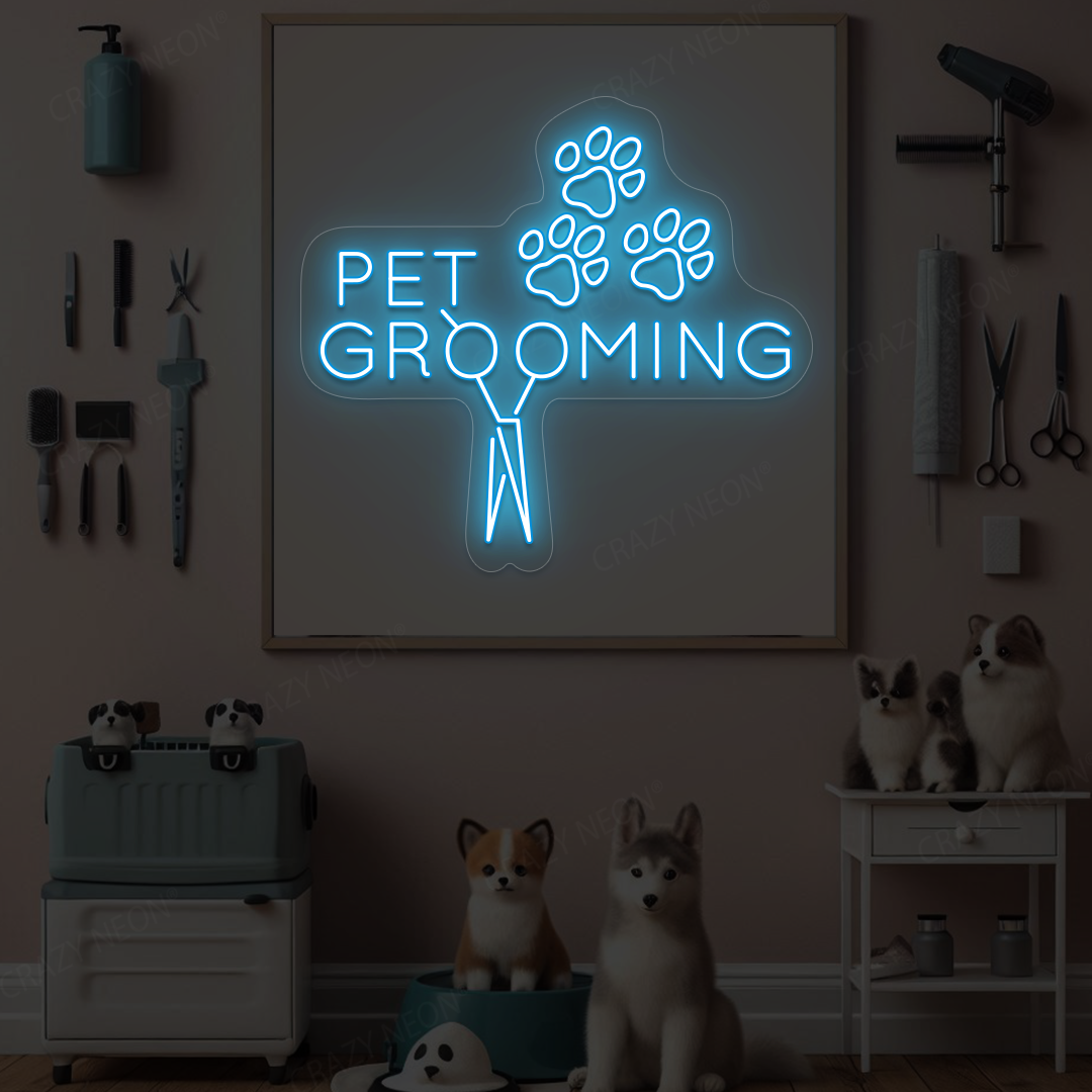 Pawsome Pet Grooming Open Neon Sign | Iceblue