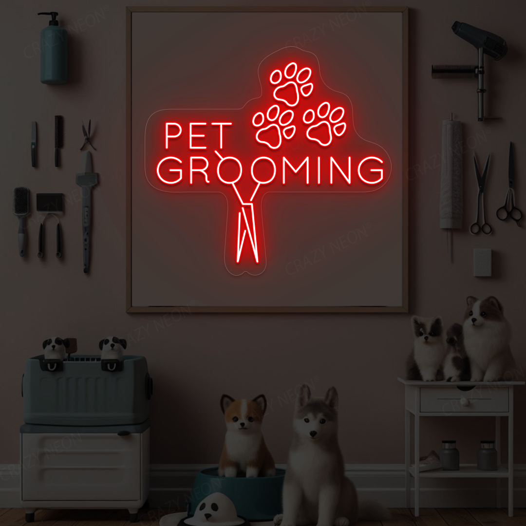 Pawsome Pet Grooming Open Neon Sign | Red