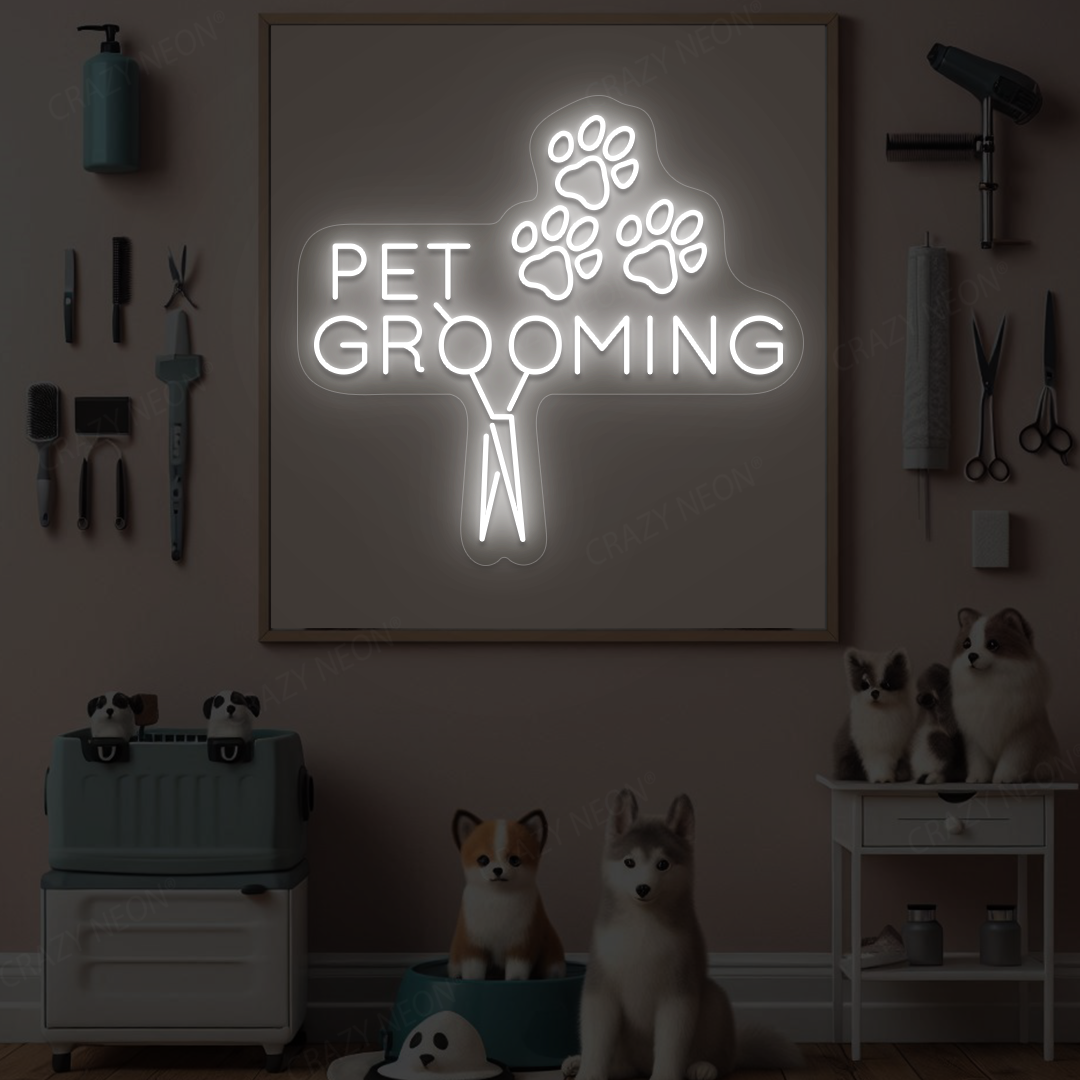 Pawsome Pet Grooming Open Neon Sign | White