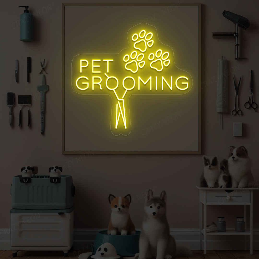 Pawsome Pet Grooming Open Neon Sign | Yellow